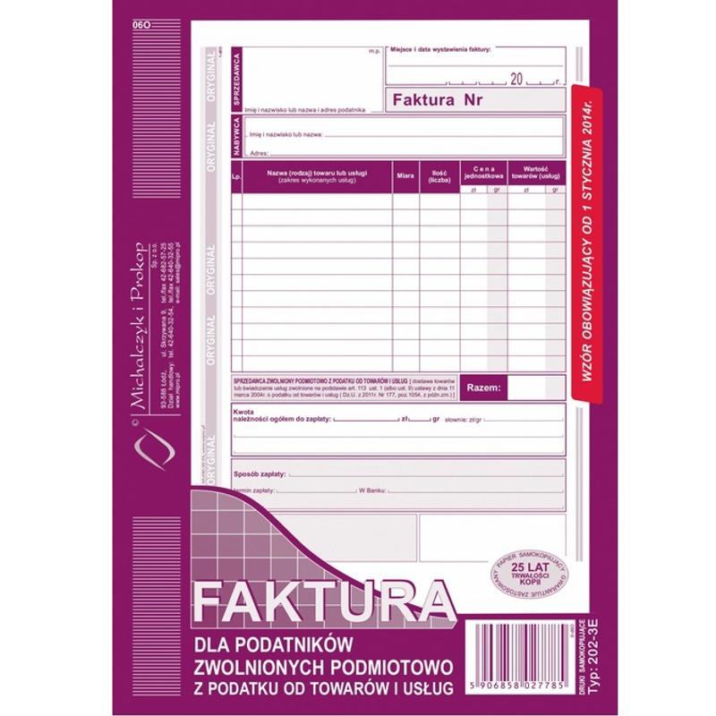 Druk Faktura A5 202-3E dla zwolnionych podmiotowo z podatku