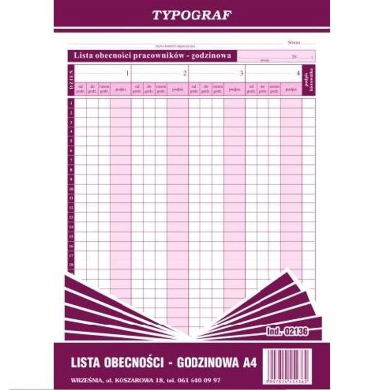 Druk Lista obecności A4 GODZINOWA 02136