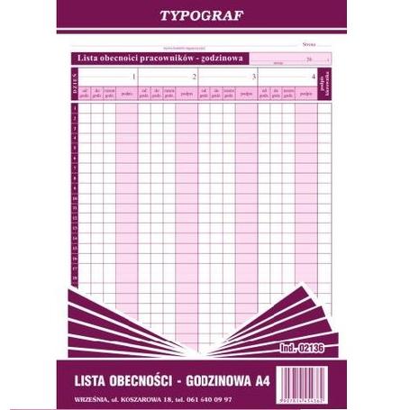 Druk Lista obecności A4 GODZINOWA 02136