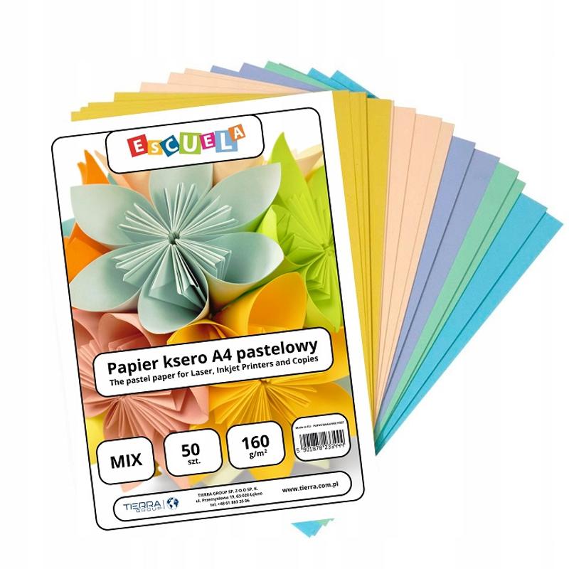 Papier A4 kolor  50 arkuszy ESCUELA 160g mix kolorów, pastelowy